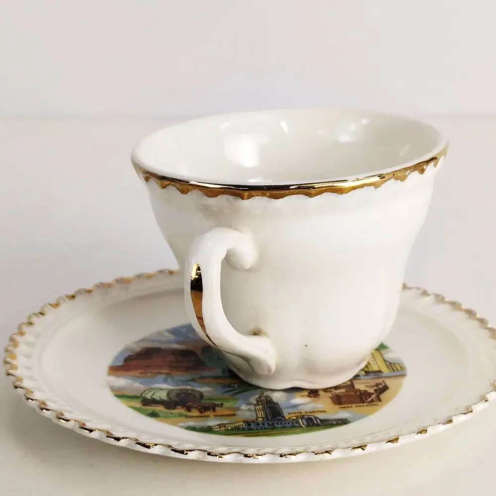 Vintage Nebraska Porcelain Cup & Saucer Set MidCentury Souvenir Cornhusker State